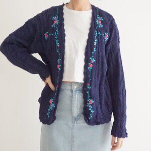 Vintage Northern Traditions Navy Floral Embroidered Cable Knit Cardigan M